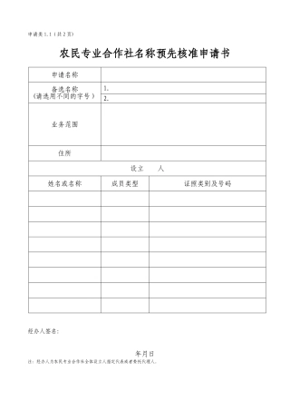 农业合作社申办表