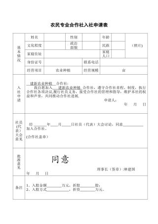 农民专业合作社入社申请表16558