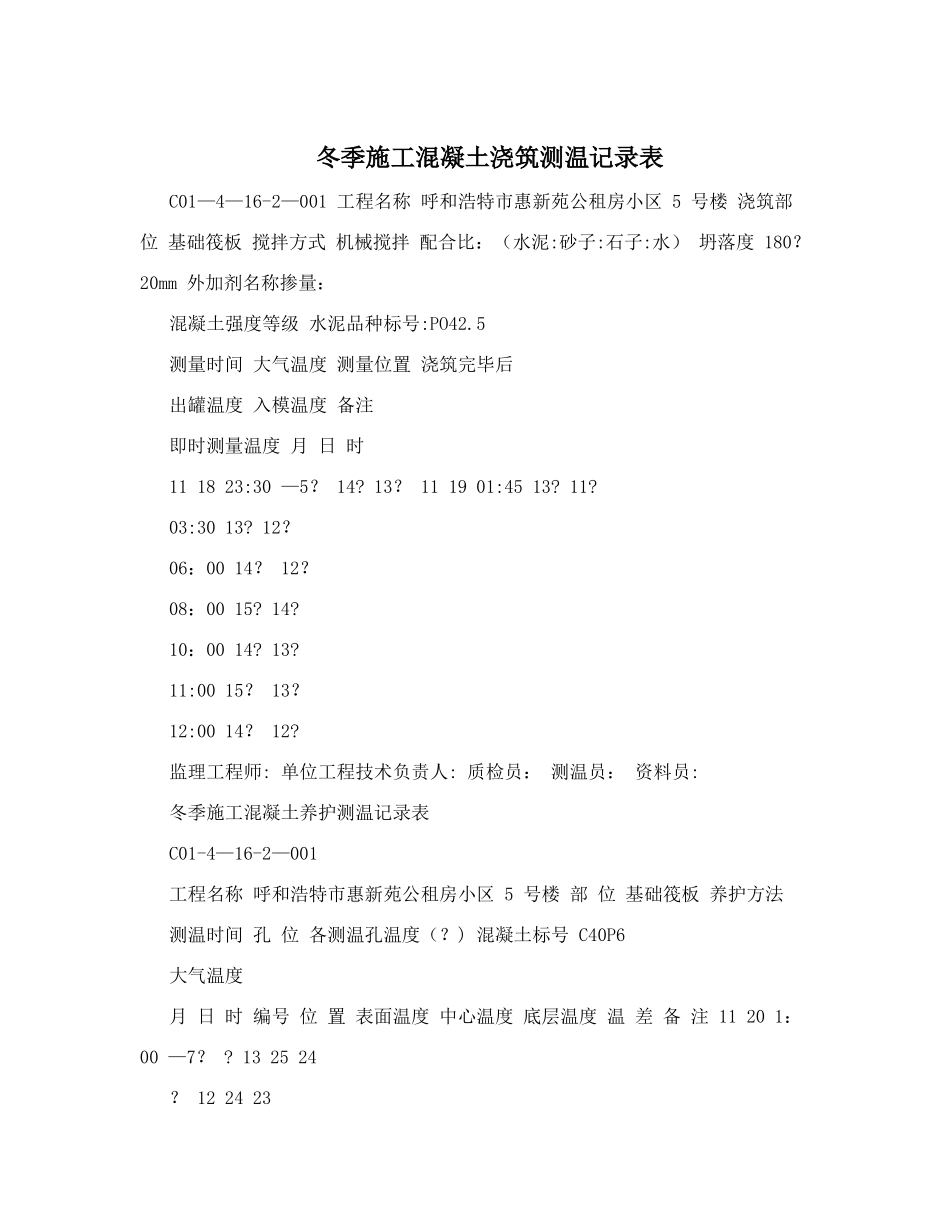 冬季施工混凝土浇筑测温记录表_第1页