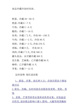 冰箱食品冷藏冷冻时间表