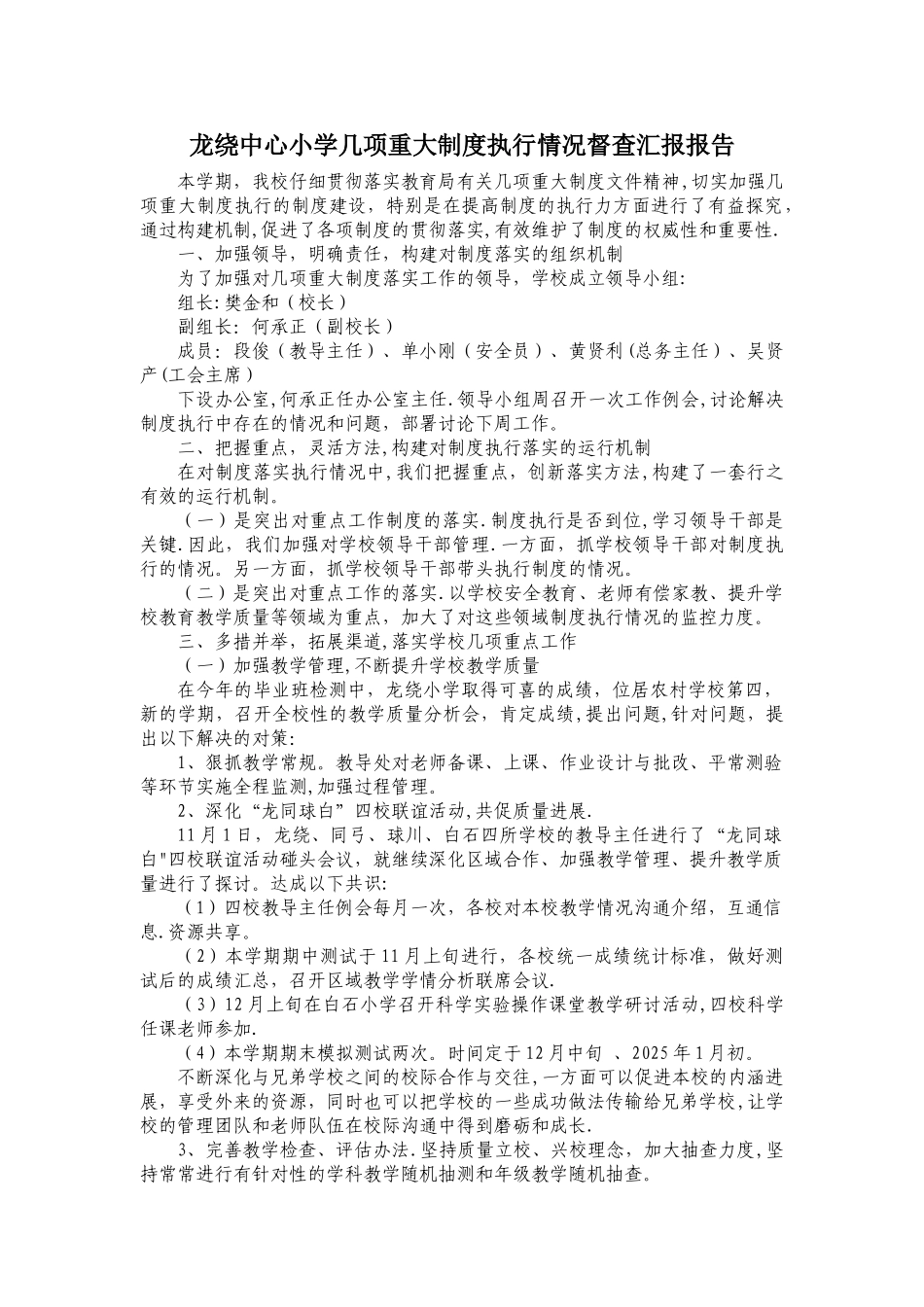 几项重大制度执行情况督查汇报报告_第1页