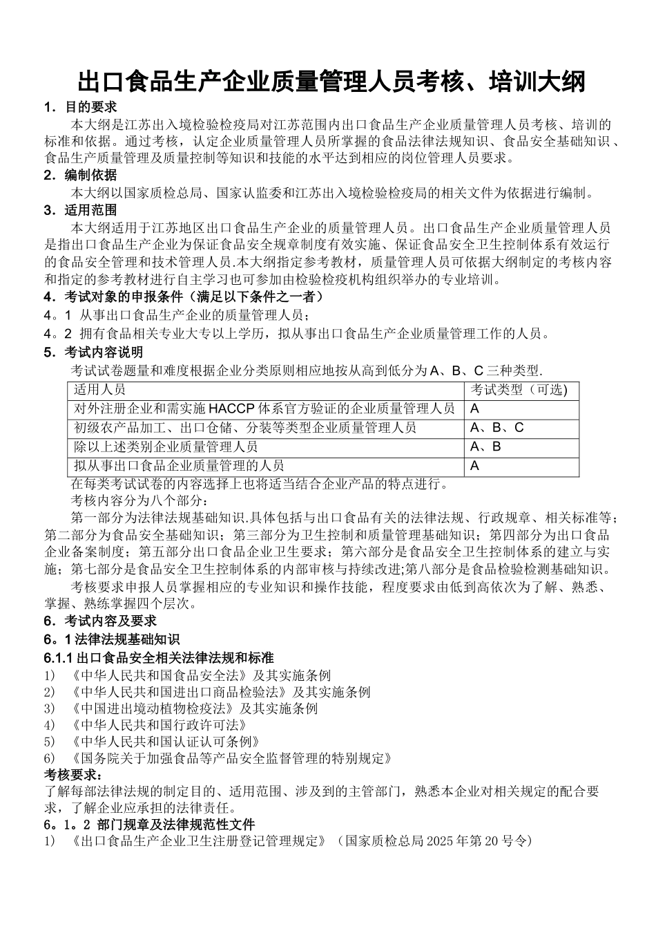 出口食品生产企业质量管理人员考核、培训大纲._第1页