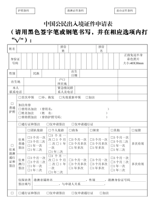 出国证件护照申请表格样表