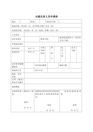 出湖北省人员申请表