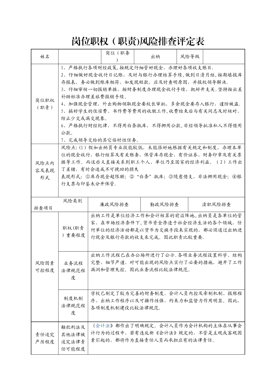 出纳岗位职责风险排查评定表_第1页
