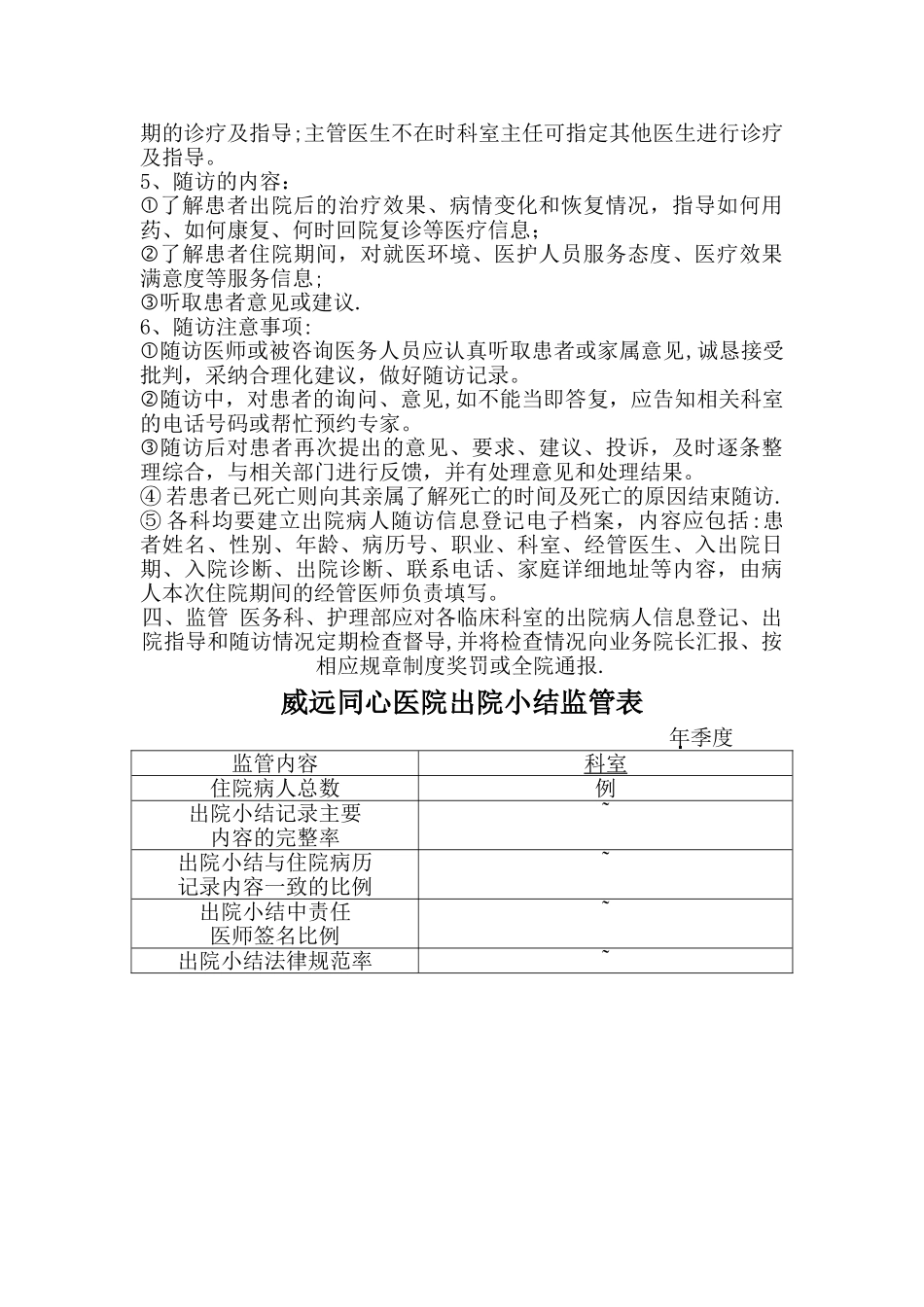 出院小结及康复指导工作管理规定。出院小结监管表_第2页