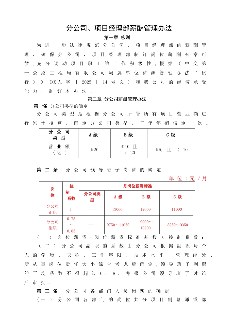 分公司、项目经理部薪酬管理办法_第1页