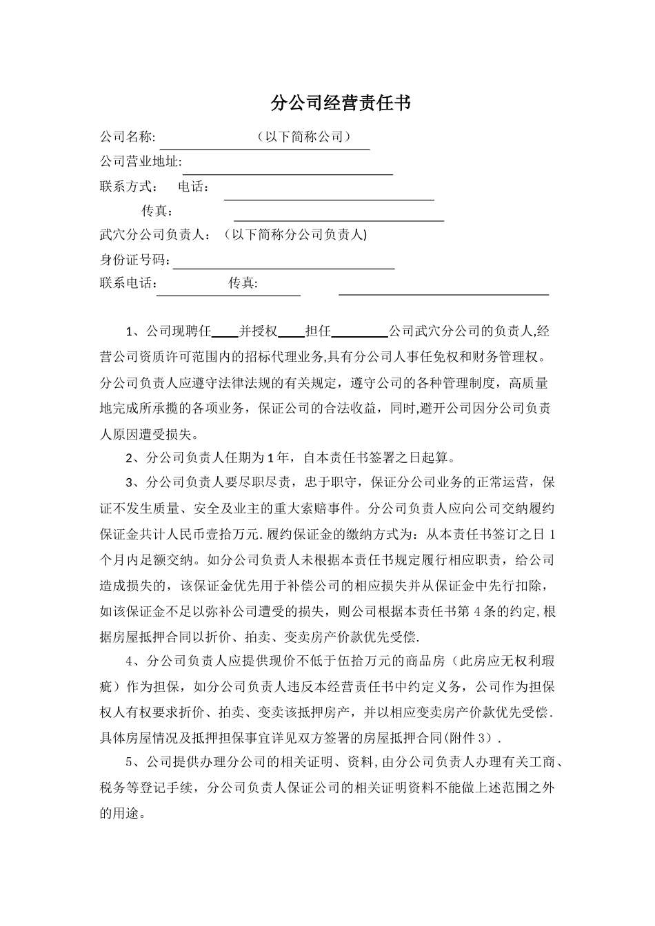 分公司经营责任书_第1页