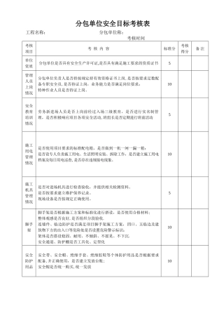 分包单位安全目标考核表
