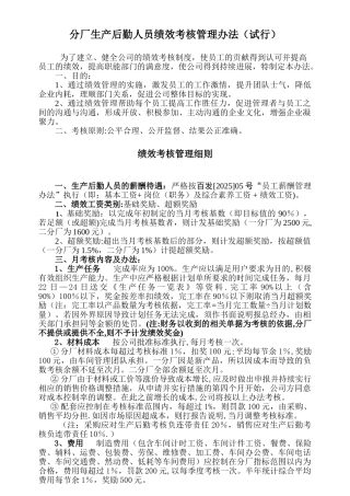 分厂生产后勤人员绩效考核管理办法07号