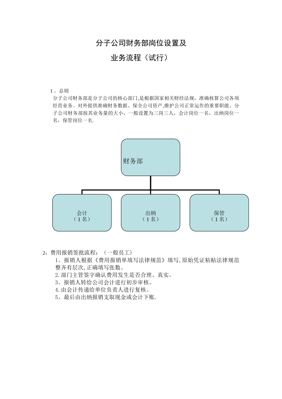 分子公司财务部岗位设置及业务流程_第1页