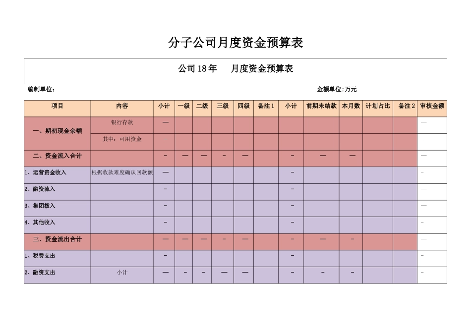分子公司月度资金预算表_第1页