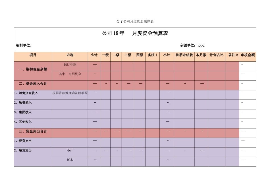 分子公司月度资金预算表_第1页