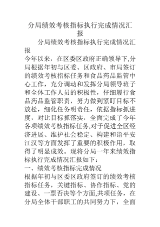 分局绩效考核指标执行完成情况汇报