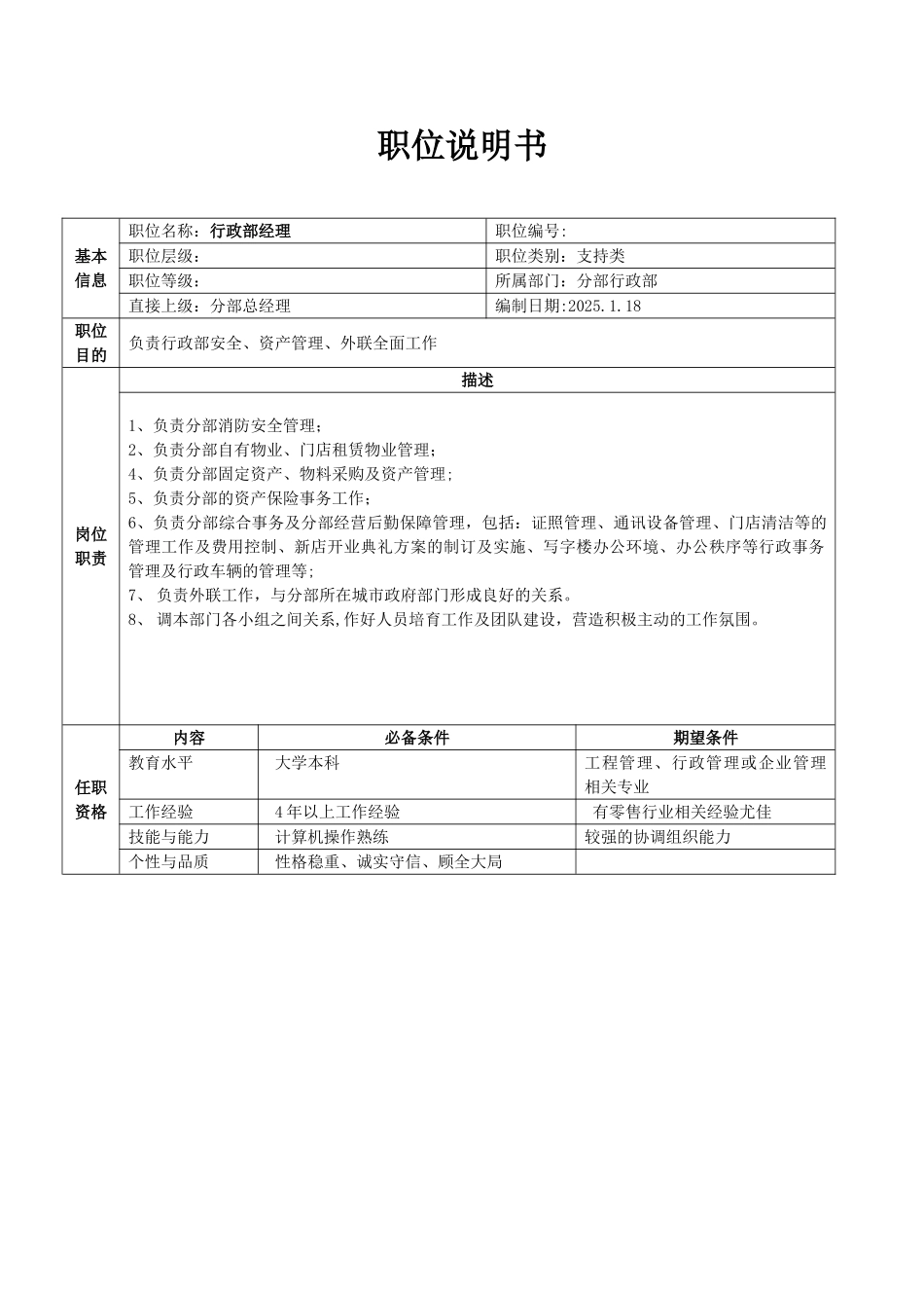 分部行政部职位说明书_第1页