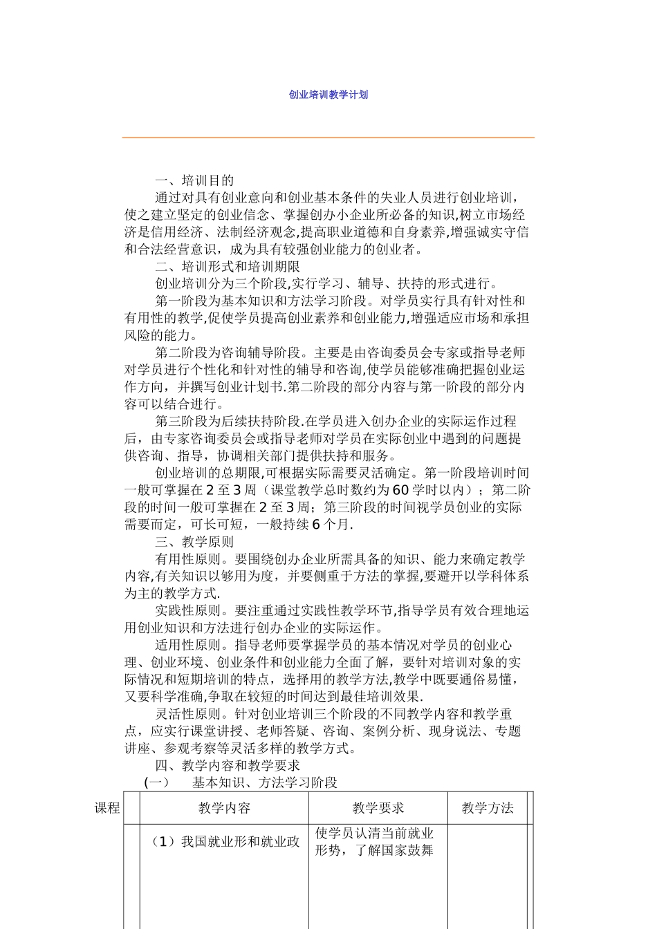 创业培训教学计划_第1页