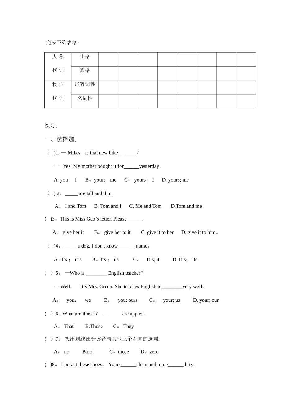 初一人称代词练习_第1页