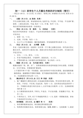 初一班级学生个人月量化考核的评分细则