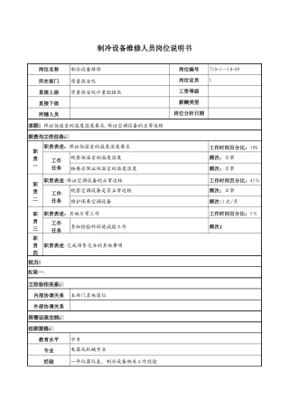 制冷设备维修人员岗位说明书