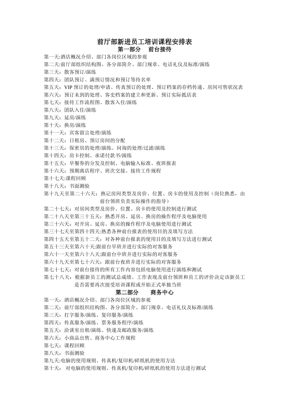 前厅部新进员工培训课程安排表_第1页