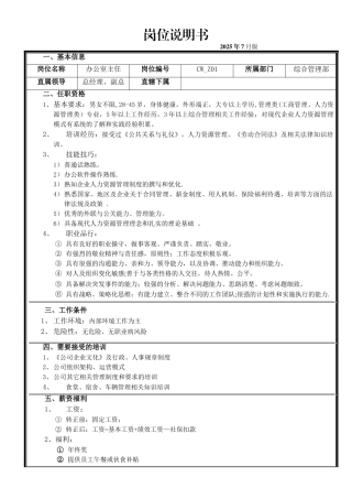 办公室主任《岗位说明书》