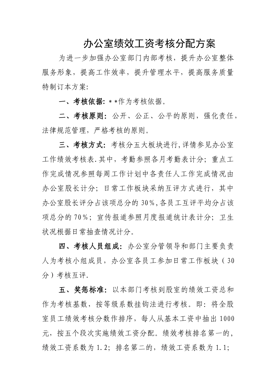 办公室绩效工资考核分配方案_第1页