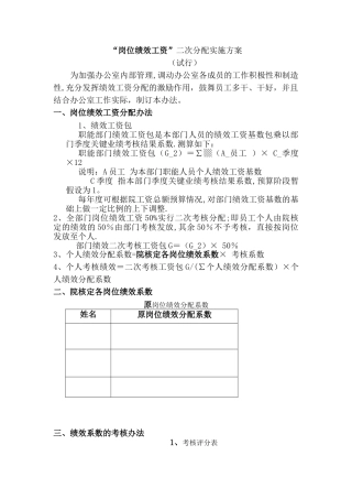 办公室绩效工资二次分配方案
