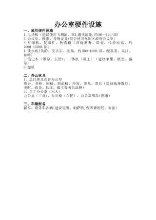 办公室设备清单