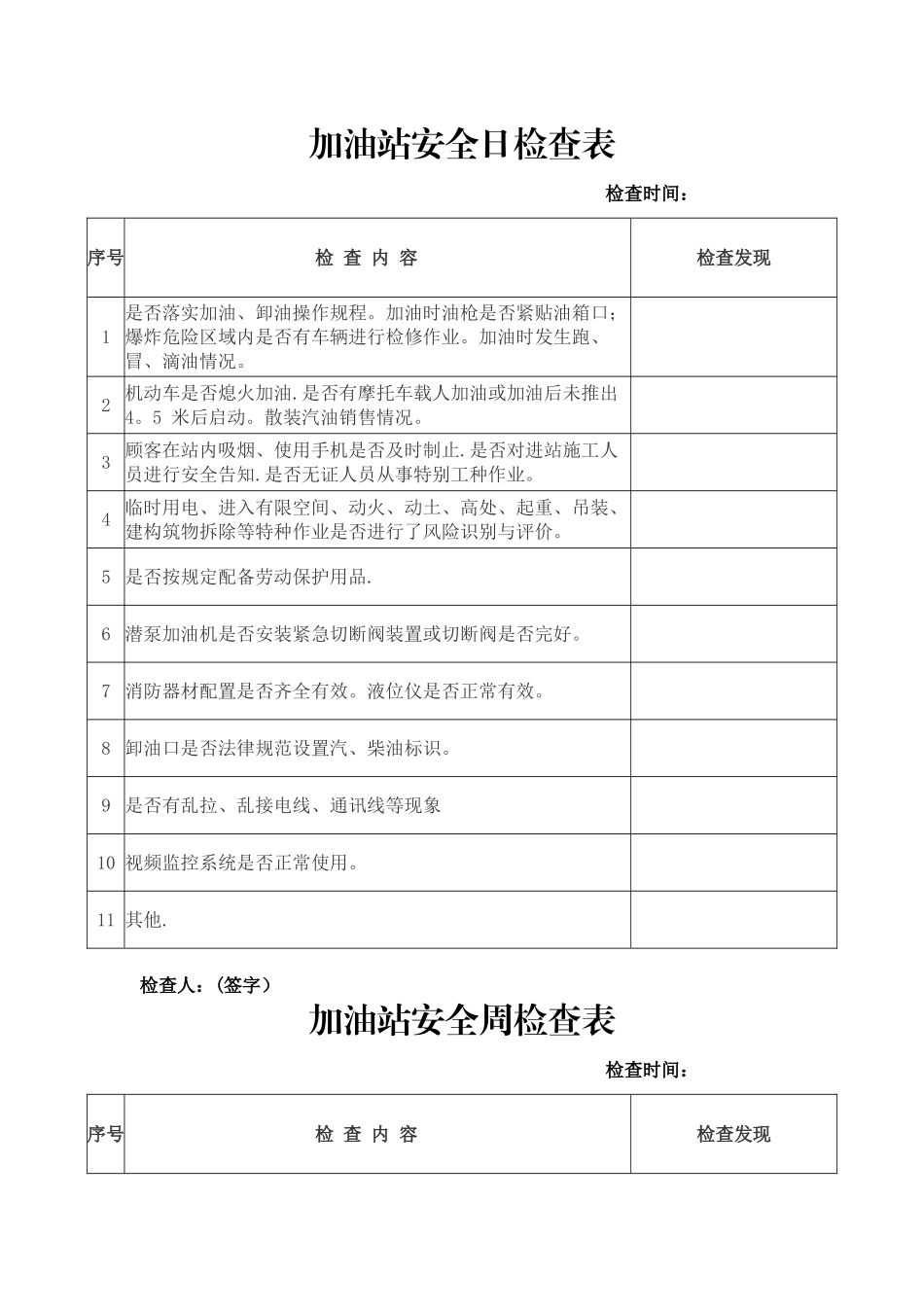 加油站安全日查、周查、月查表_第1页
