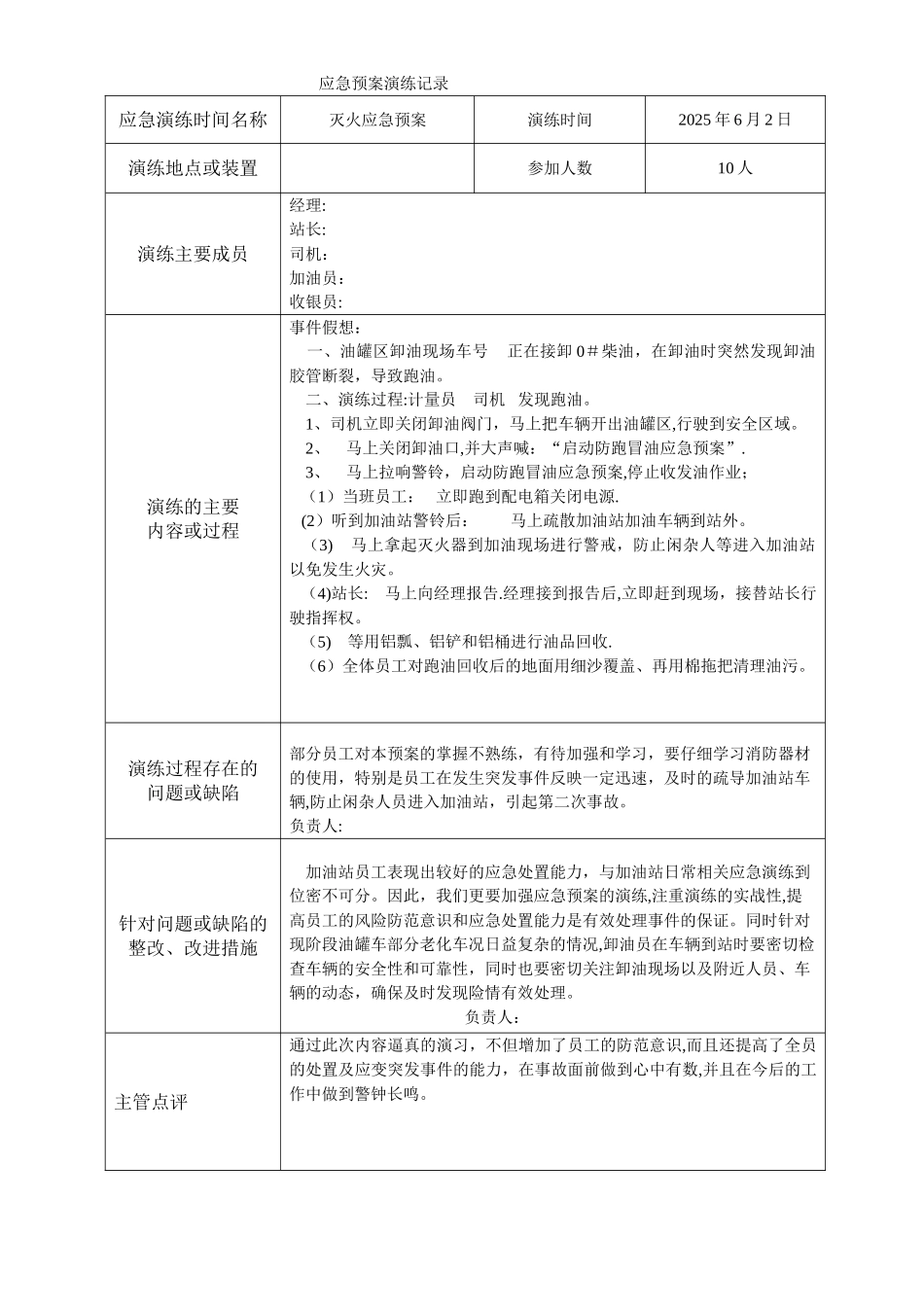 加油站应急预案演练记录模板_第1页