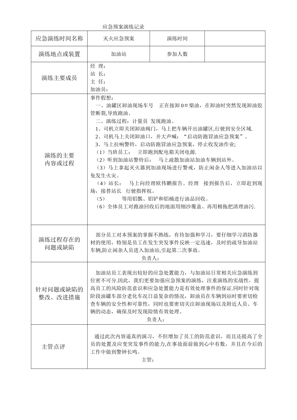 加油站应急预案演练记录模板86684_第1页