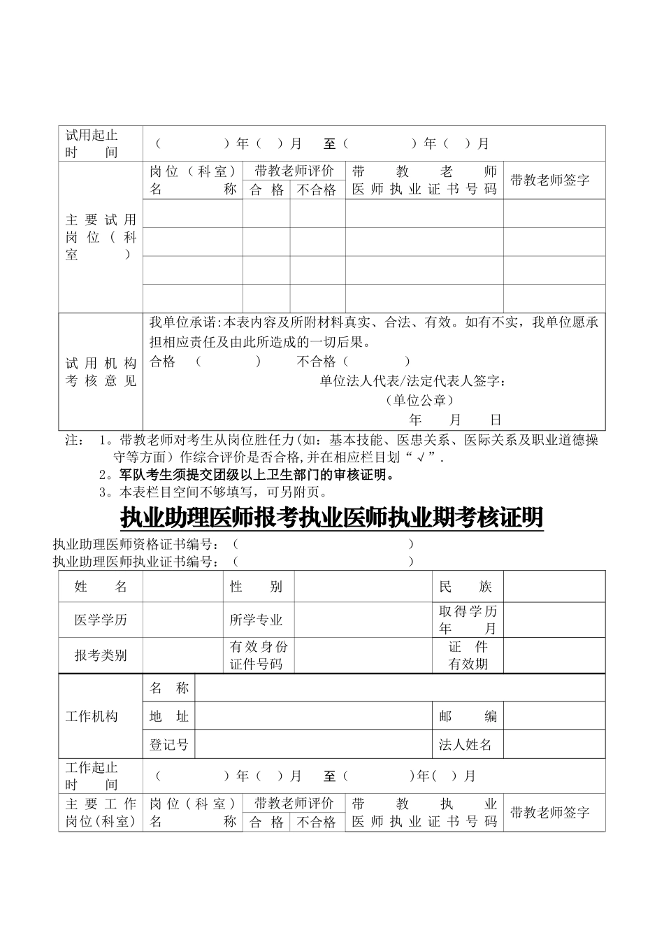 加试申请表、试用期考核证明、执业期考核证明样式_第2页