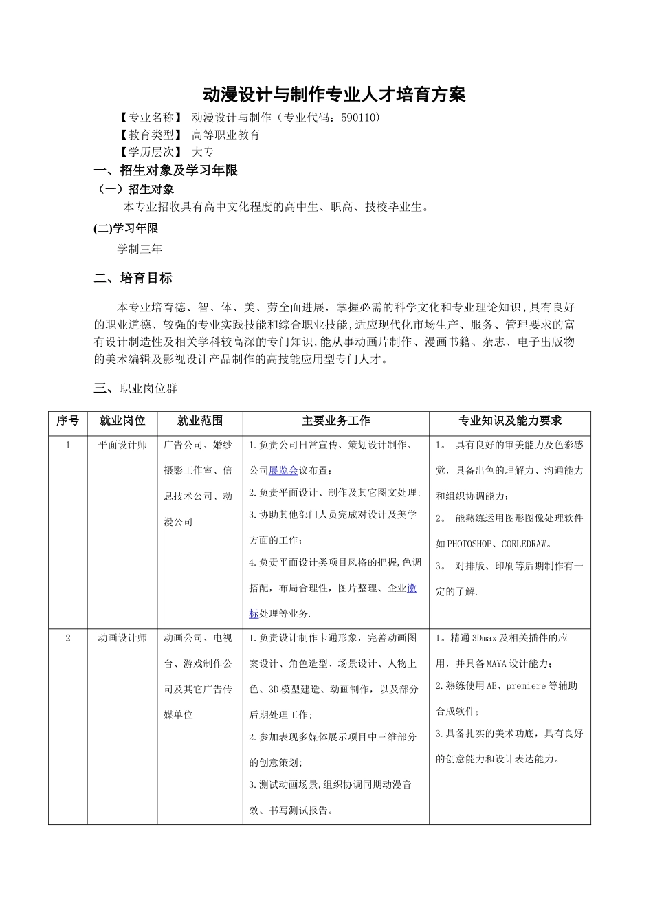 动漫设计与制作专业人才培养方案_第1页