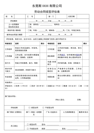 劳动合同续签评估表