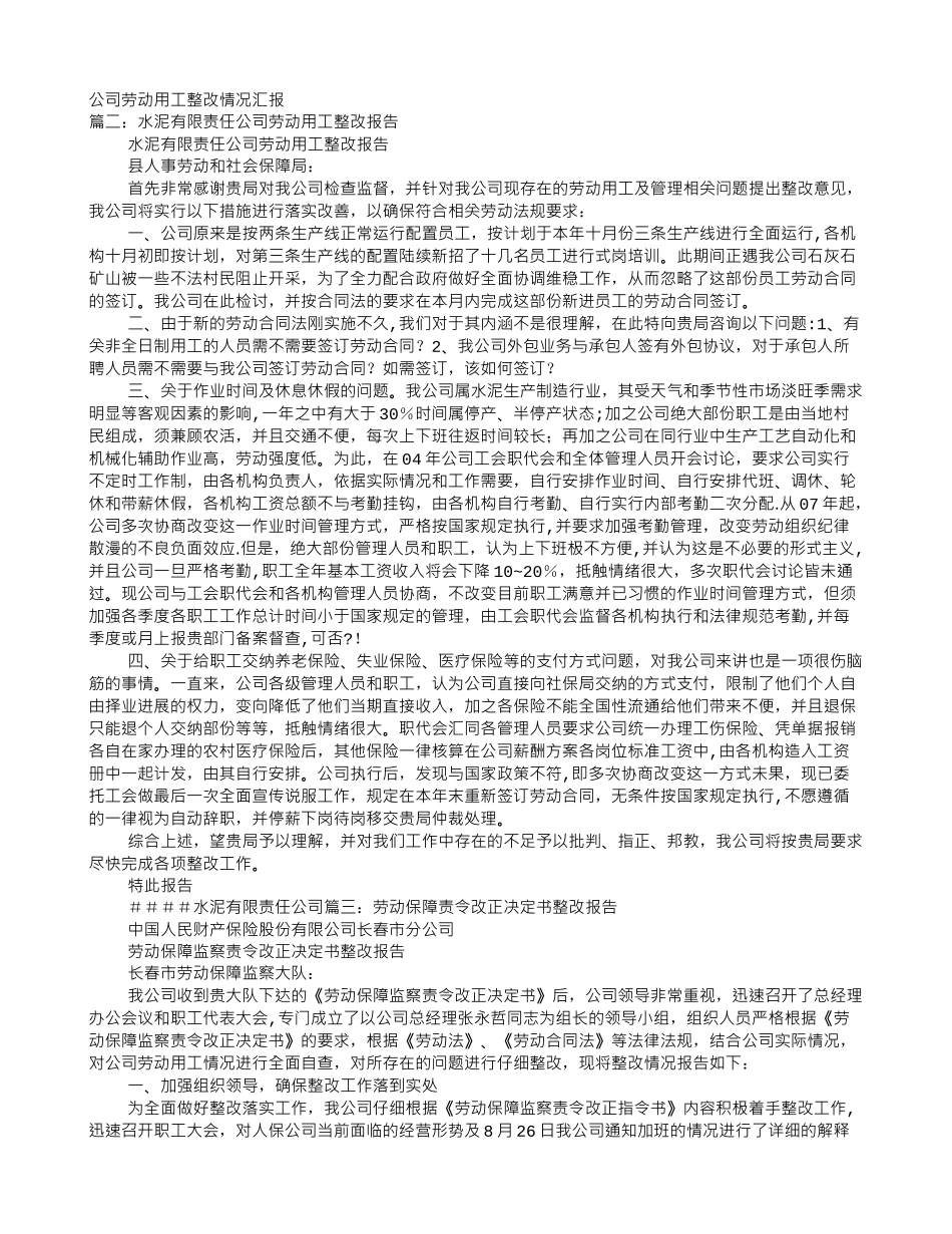 劳动用工整改报告_第1页