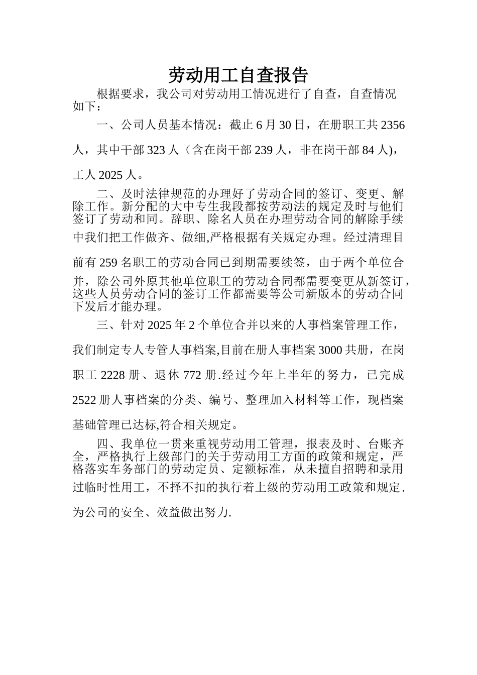 劳动用工自查报告_第1页