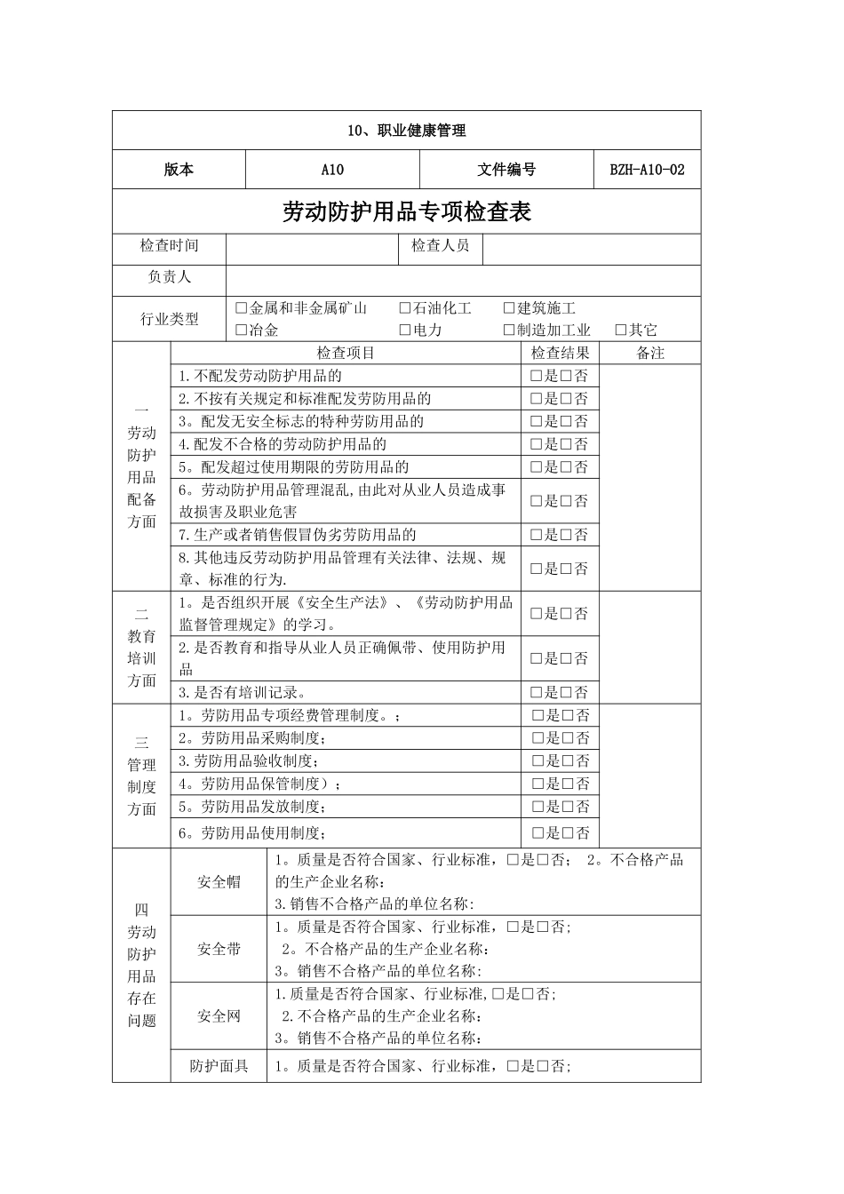 劳动防护用品专项检查表_第1页