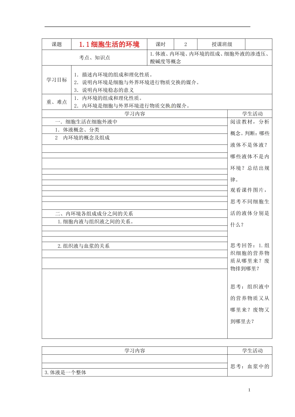 高中生物 1.1 细胞生活的环境教学案 新人教版必修3-新人教版高二必修3生物教学案_第1页