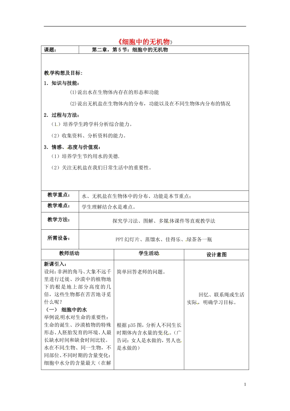高中生物 2.5细胞中的无机物教学案 新人教版必修1-新人教版高一必修1生物教学案_第1页