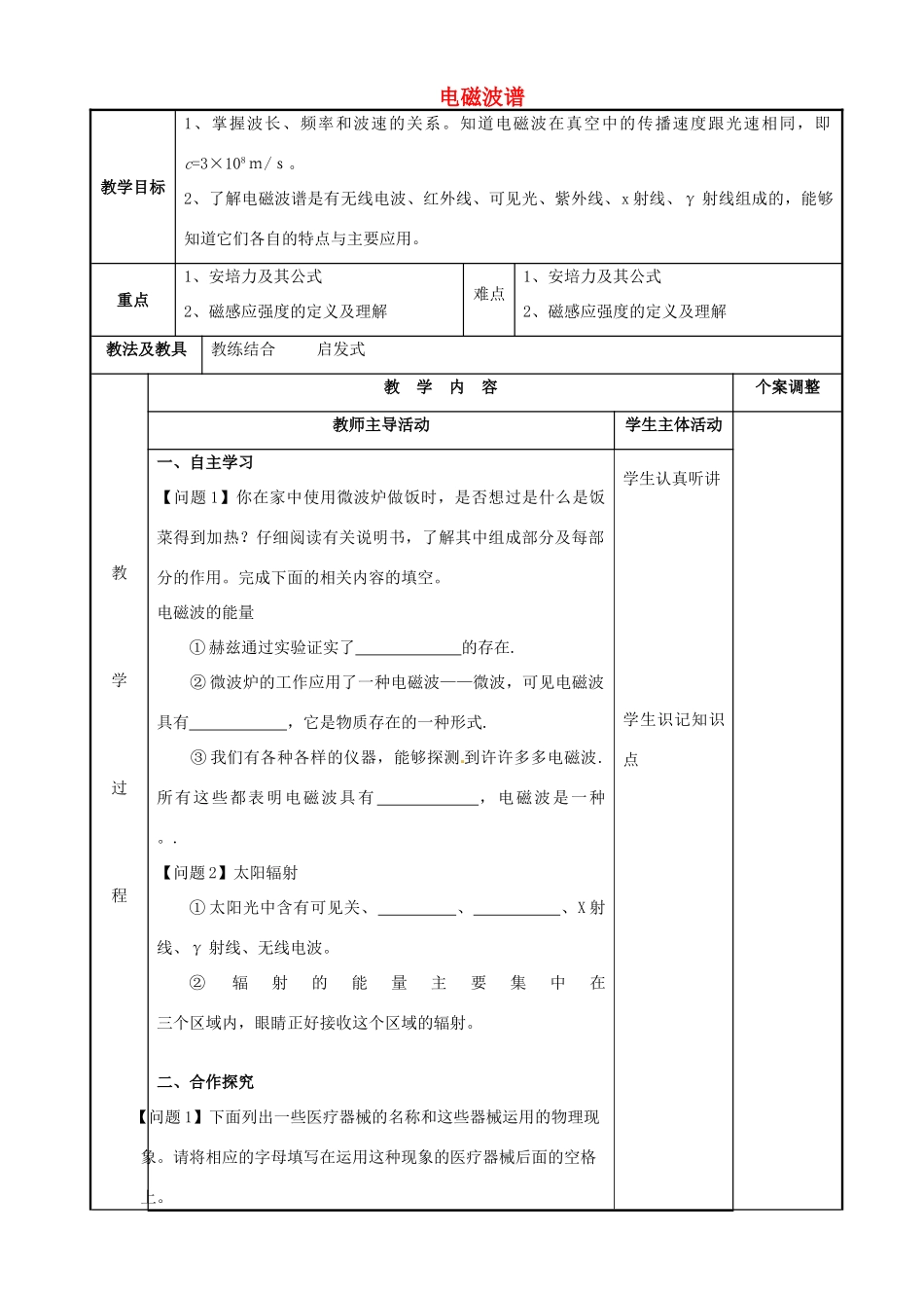 高中物理 第4章 电磁波及其应用 4.2 电磁波谱（2）教案 新人教版选修1-1-新人教版高二选修1-1物理教案_第1页