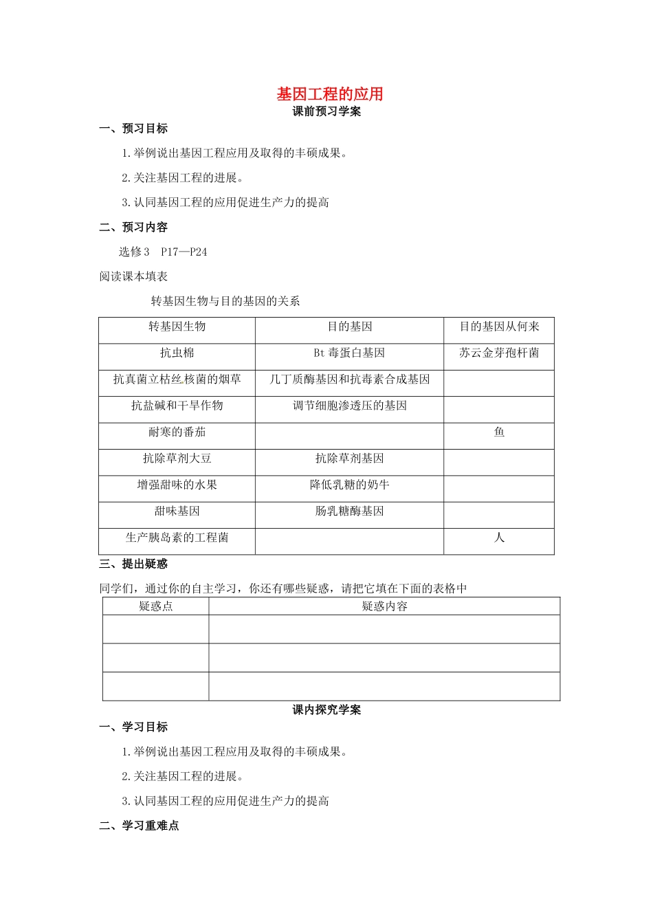 高中生物 专题1 基因工程 1.3 基因工程的应用（第1课时）预习学案 新人教版选修3-新人教版高二选修3生物学案_第1页