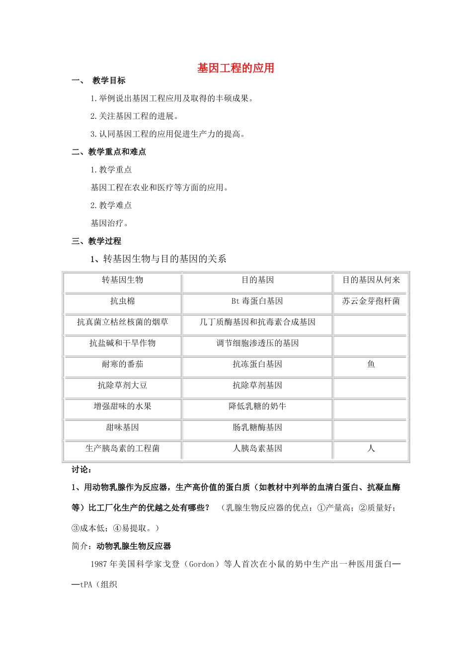 高中生物 专题1 基因工程 1.3 基因工程的应用（第2课时）预习学案 新人教版选修3-新人教版高二选修3生物学案_第1页