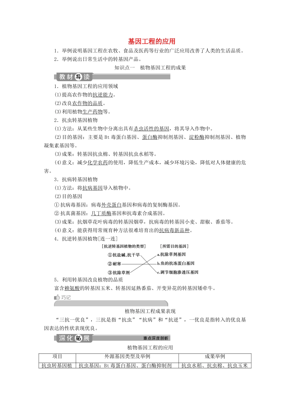 高中生物 专题1 基因工程 3 基因工程的应用学案 新人教版选修3-新人教版高二选修3生物学案_第1页