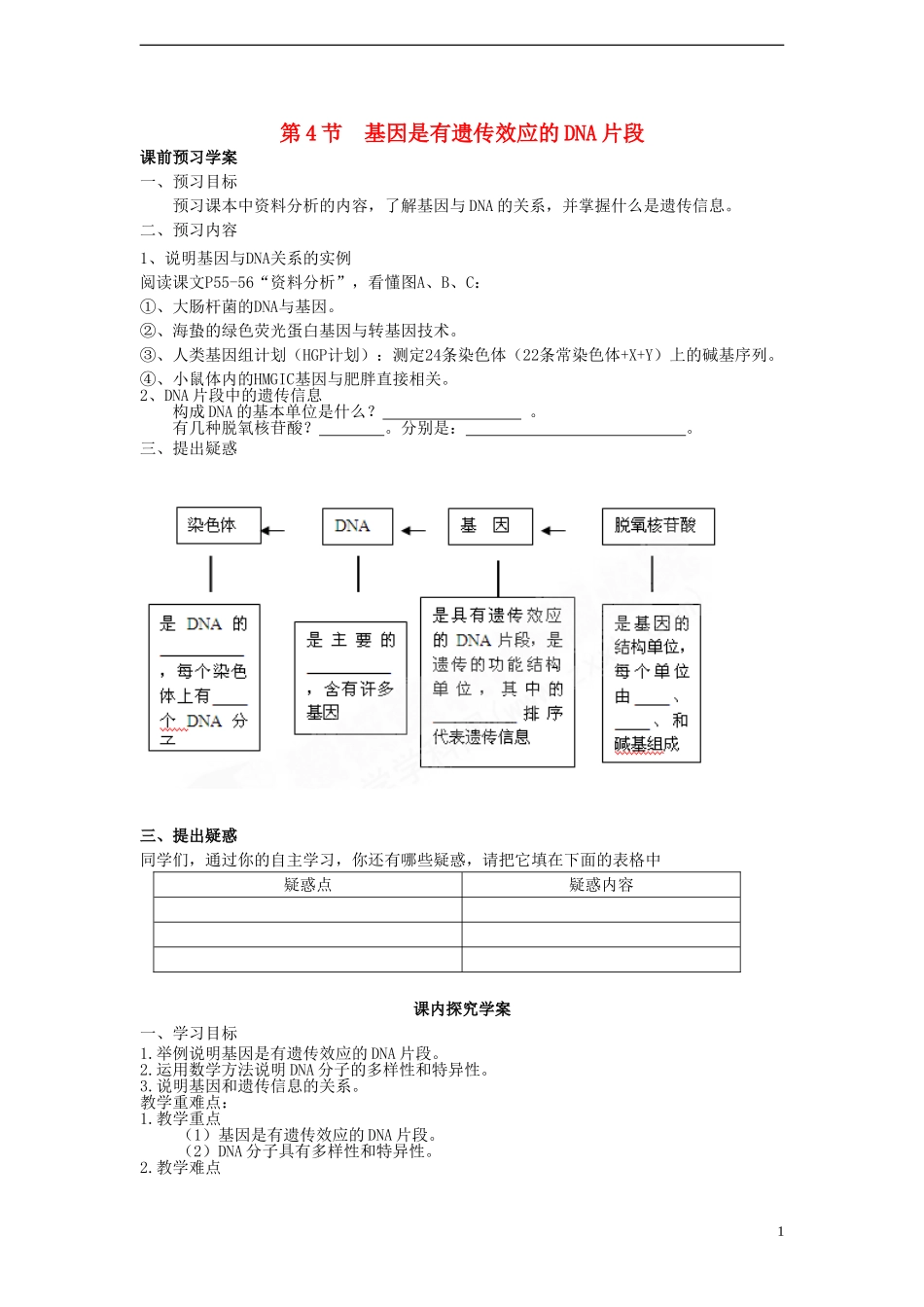 高中生物 3.4《基因是有遗传效应的DNA片段》学案 新人教版必修2-新人教版高一必修2生物学案_第1页