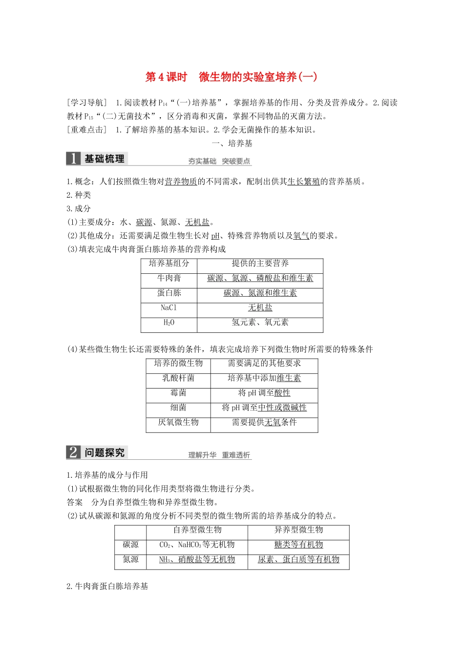 高中生物 专题2 微生物的培养与应用 第4课时 微生物的实验室培养（一）同步备课教学案 新人教版选修1-新人教版高二选修1生物教学案_第1页