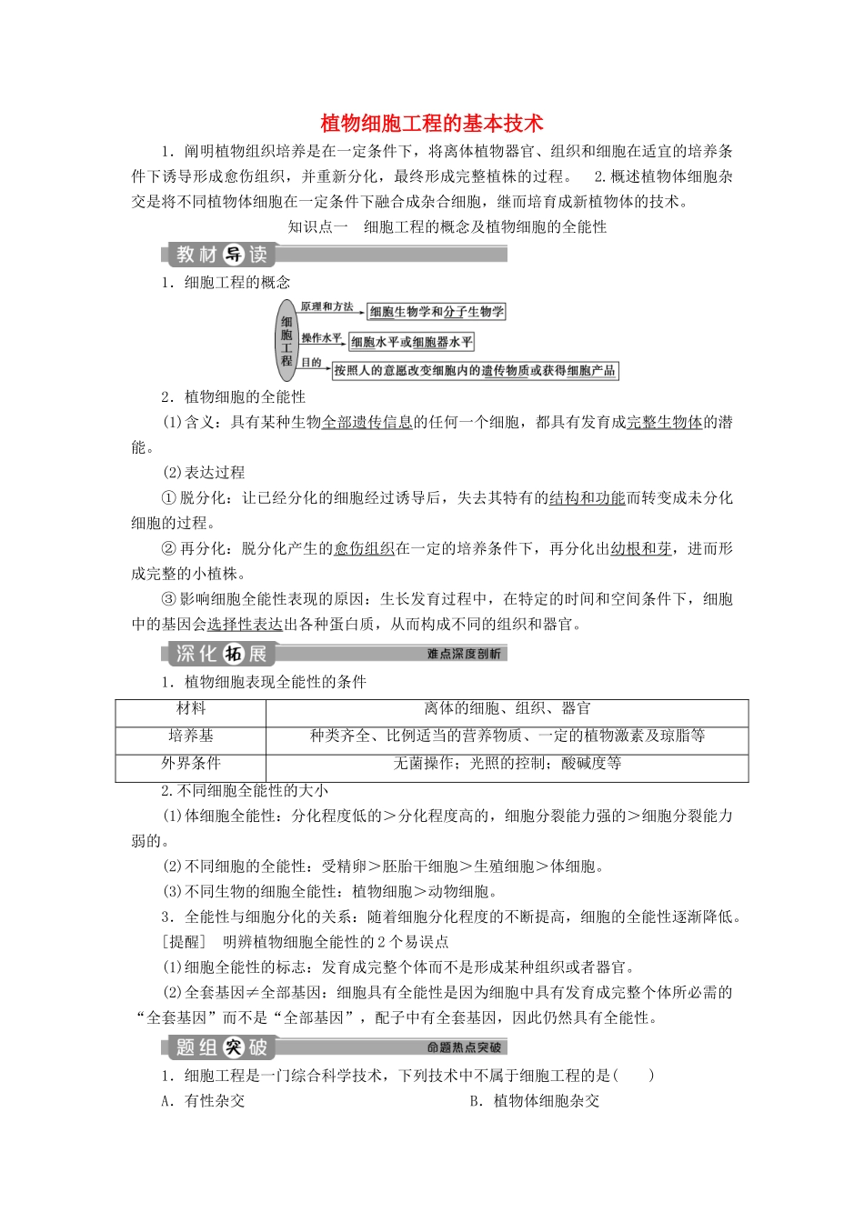 高中生物 专题2 细胞工程 1.1 植物细胞工程的基本技术植物细胞工程学案 新人教版选修3-新人教版高二选修3生物学案_第1页