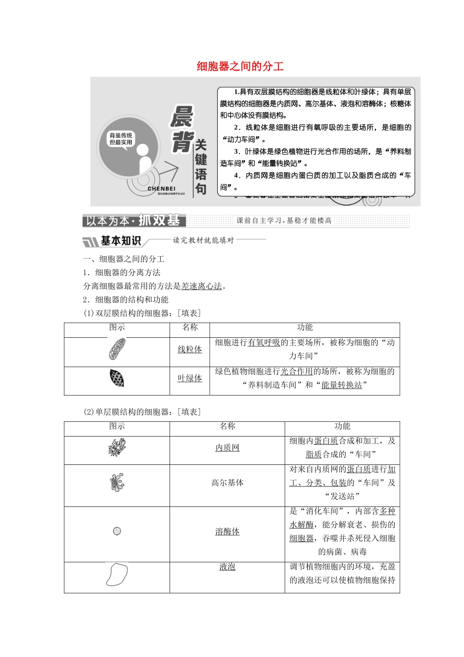 高中生物 第3章 第2节 第1课时 细胞器之间的分工教学案（含解析）新人教版必修1-新人教版高一必修1生物教学案_第1页