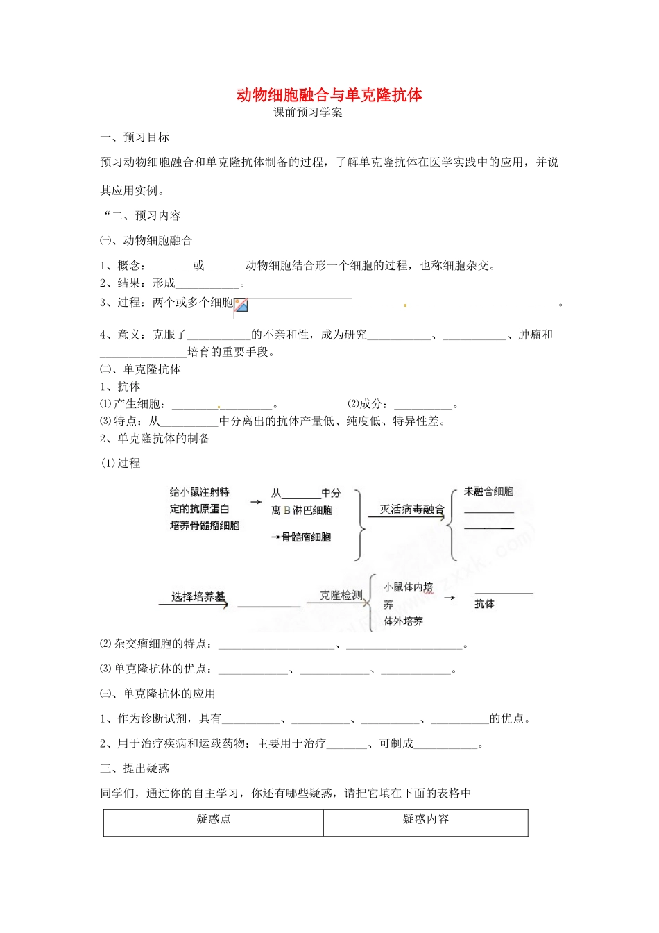 高中生物 专题2 细胞工程 2.2 动物细胞工程 2.2.2 动物细胞融合与单克隆抗体（第2课时）预习学案 新人教版选修3-新人教版高二选修3生物学案_第1页