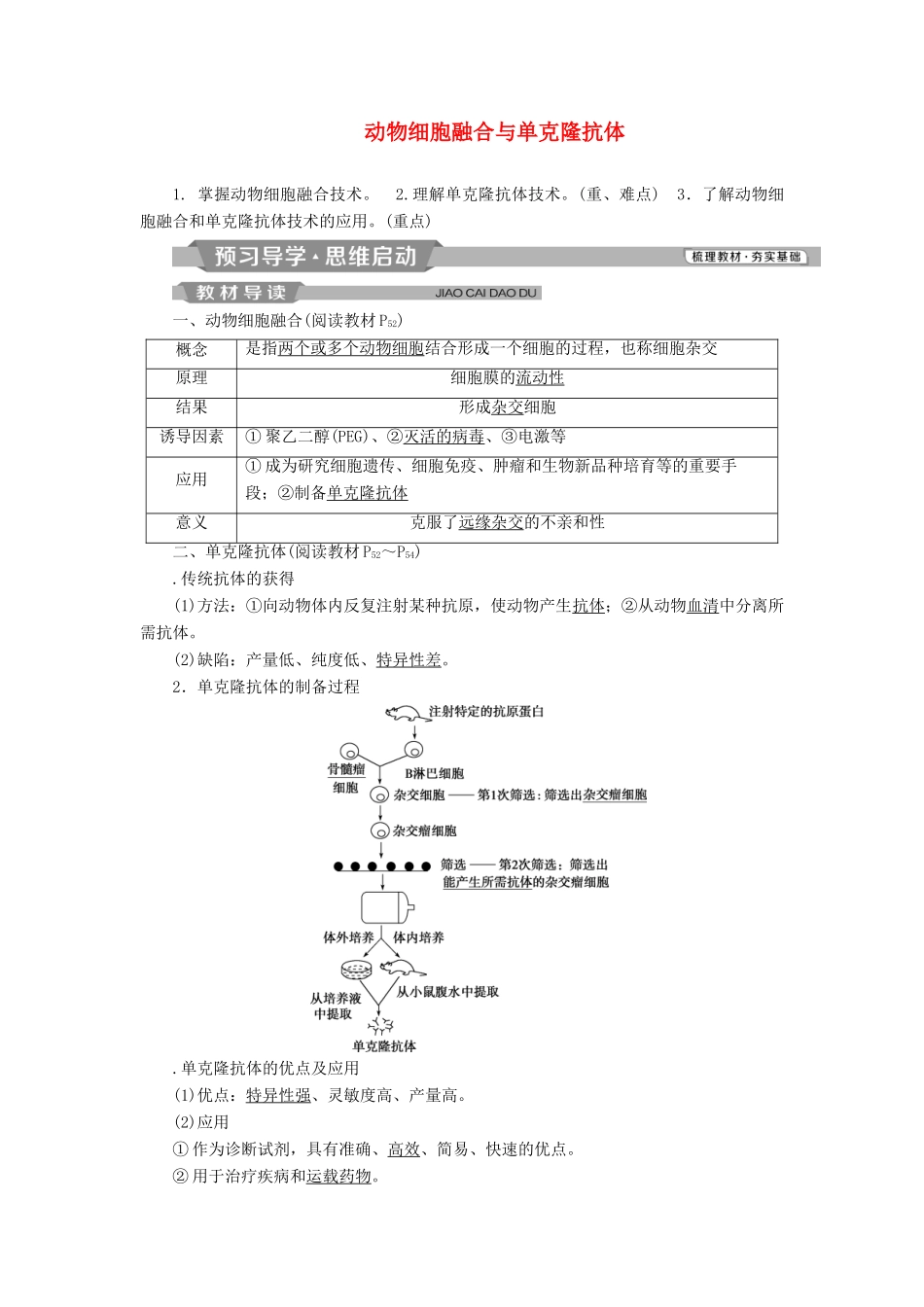 高中生物 专题2 细胞工程 2.2 动物细胞工程 2.2.2 动物细胞融合与单克隆抗体学案 新人教版选修3-新人教版高二选修3生物学案_第1页