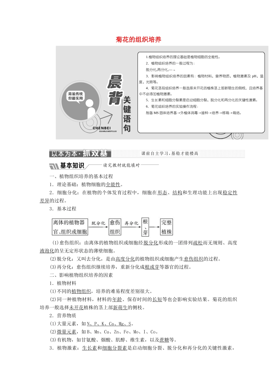 高中生物 专题3 课题1 菊花的组织培养教学案（含解析）新人教版选修1-新人教版高二选修1生物教学案_第1页